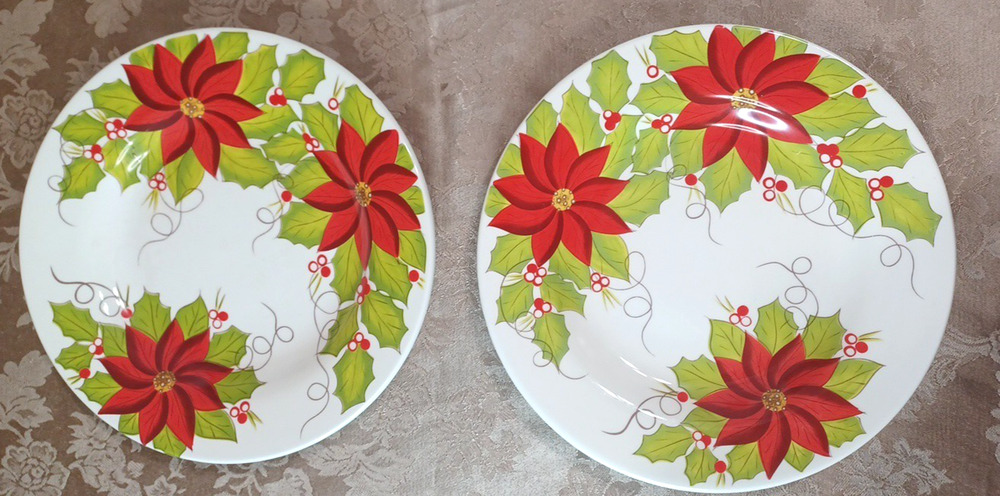 VTG 2 Pier 1 Poinsettia Christmas 11" Dinner Serving Plates Handpainted Retired